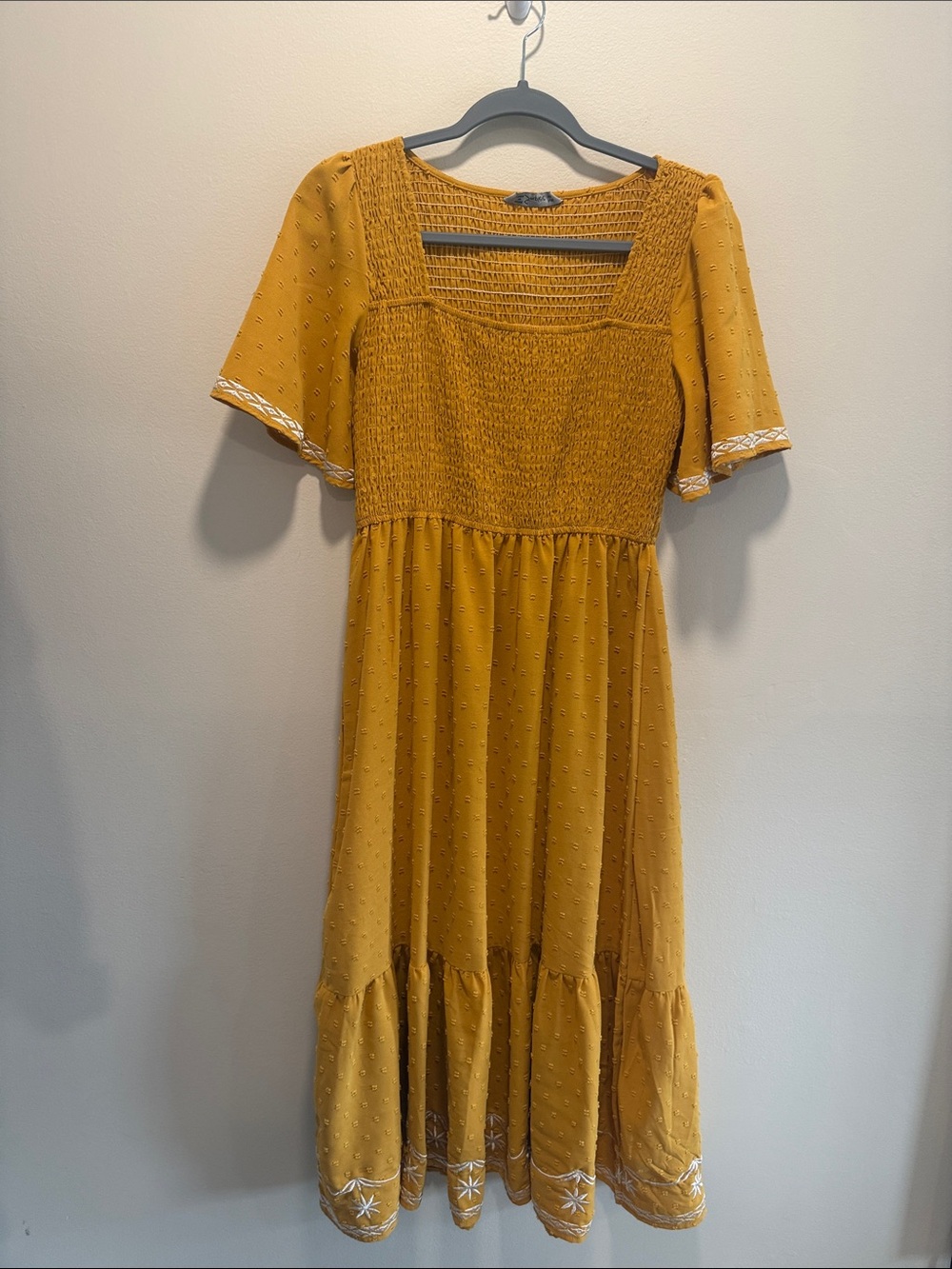 Simplee Apparel Mustard Yellow Smocked Midi Dress with Embroidered Hem